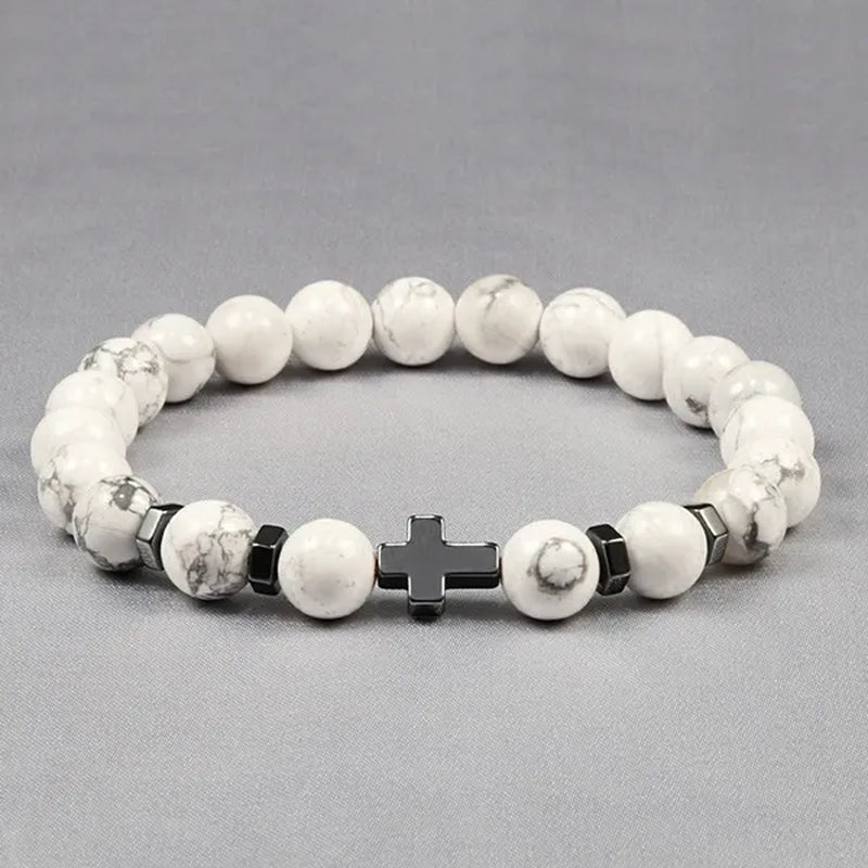Hot Men Natural Tiger Eye Beads Hematite Cross Bracelets Onyx Meditation Prayer Bead Bracelet Women Stone Yoga Jewelry Homme