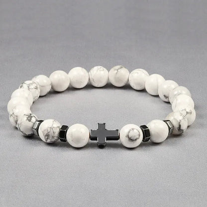 Hot Men Natural Tiger Eye Beads Hematite Cross Bracelets Onyx Meditation Prayer Bead Bracelet Women Stone Yoga Jewelry Homme