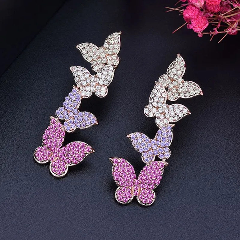 CANDICE Beautiful Butter-Fly Drop Full Micro Pave Tiny CZ Long Earrings Lady Fashion 585 Rose Gold Plated Ear Jewelry