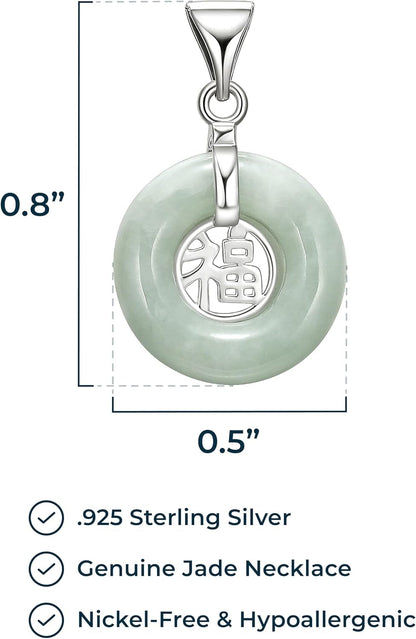 .925 Sterling Silver Rhodium Plated Genuine Jade Necklaces for Women - Green Jade Good Fortune Fu Symbol Dainty and Lightweight Sterling Silver Necklace for Women, 18 Inch