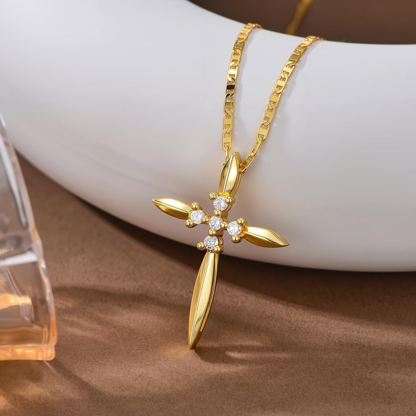 Gold Cross Necklace for Women Dainty 14K Gold Cross Floral Pendant Elegant Christian Religious Jewelry Gift for Mom Wife Daughter - WORLD TIME VISITS
