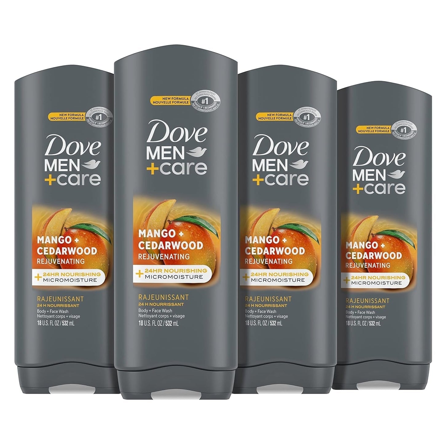 Body Wash Rejuvenating Mango + Cedarwood 4 Count for Men with 24-Hour Nourishing Micromoisture Technology 18 Oz