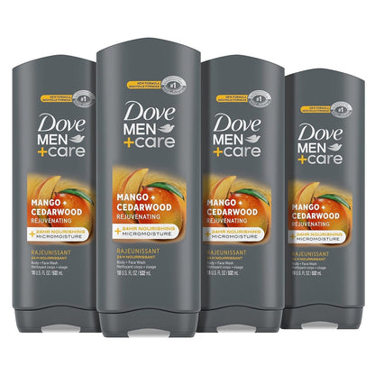 Body Wash Rejuvenating Mango + Cedarwood 4 Count for Men with 24-Hour Nourishing Micromoisture Technology 18 Oz