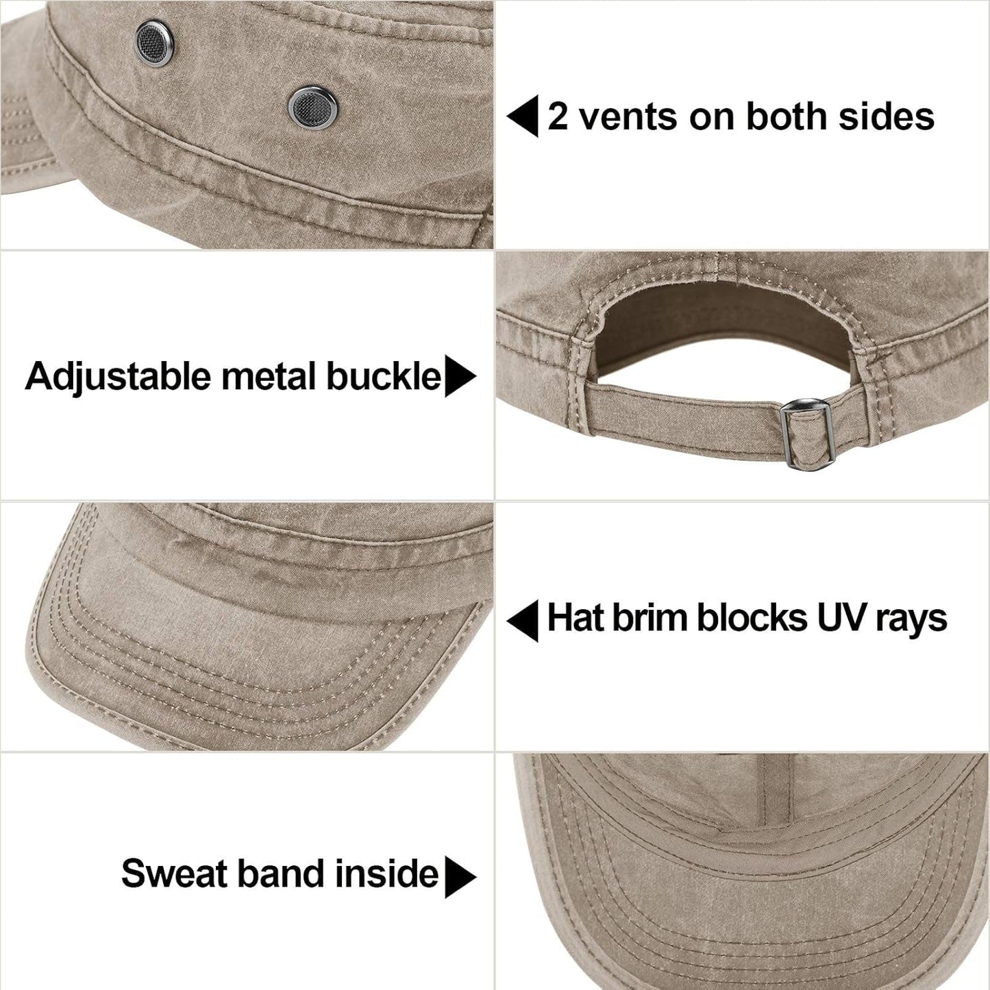 3 Pieces Cadet Army Cotton Caps Washed Military for Flat Top Caps Adjustable Military Style Hat Unisex