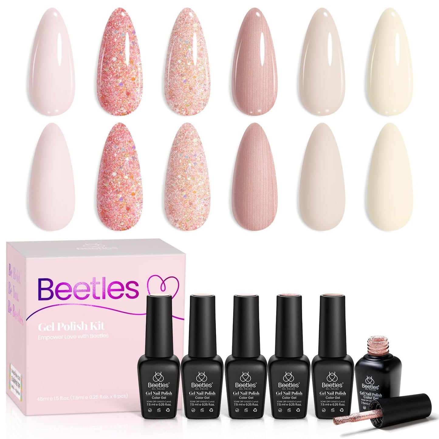 Beetles Gel Nail Polish 6 Colors, Pink Champagne Glitter Gel Nail Kit Old Money Collection Nude Pink Cream Color Soak off UV LED Nail Polish Manicure Kit for Women Girls