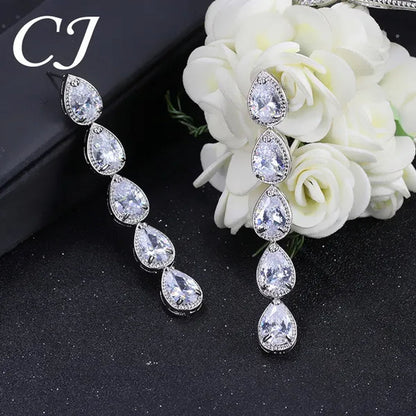 Candice High Quality Long Dangling Earrings Connect 5 Pcs Water Drop AAA CZ Zirconia White Gold Plated Luxury Wedding Ear Jewelry for Bridal Accessorise