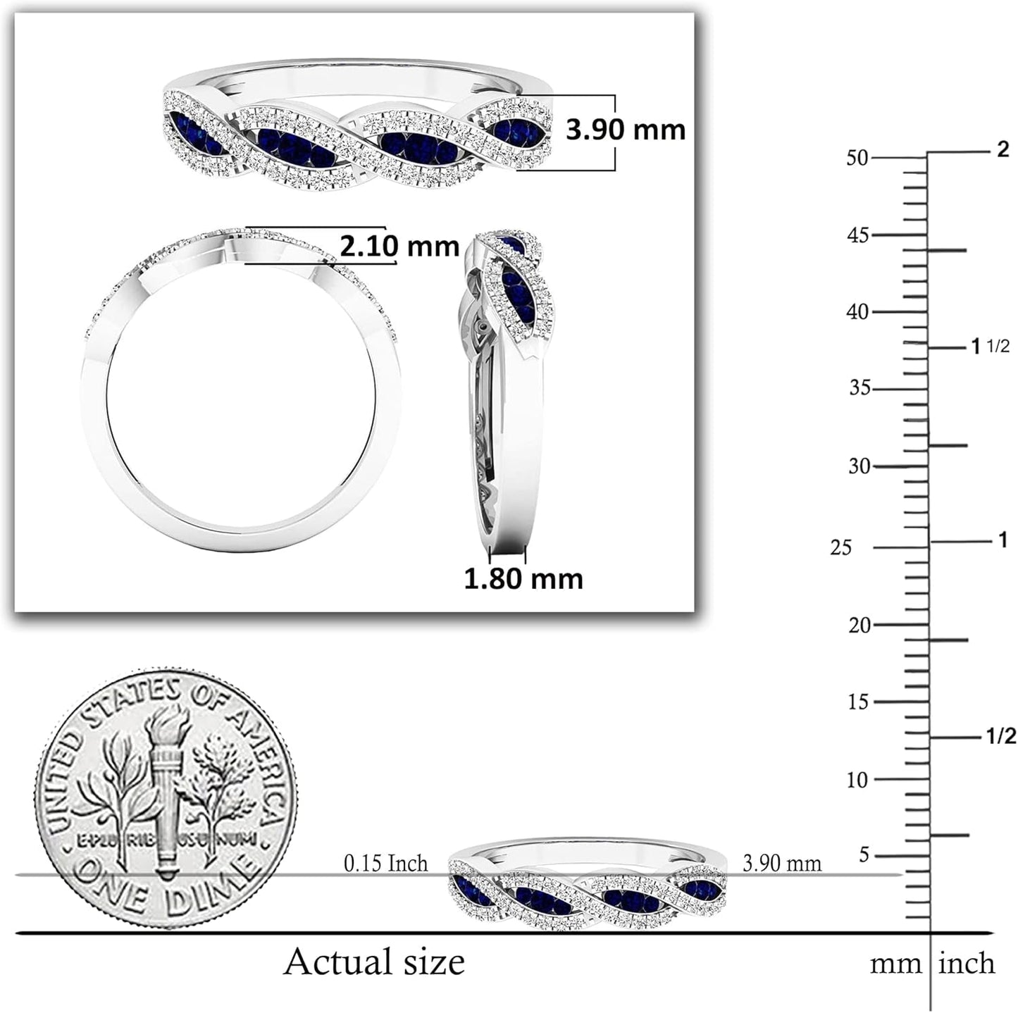 round Blue Sapphire & White Diamond Crisscross Stackable Wedding Band for Women in 925 Sterling Silver