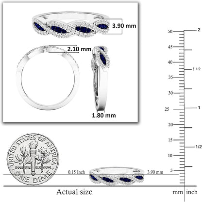 round Blue Sapphire & White Diamond Crisscross Stackable Wedding Band for Women in 925 Sterling Silver