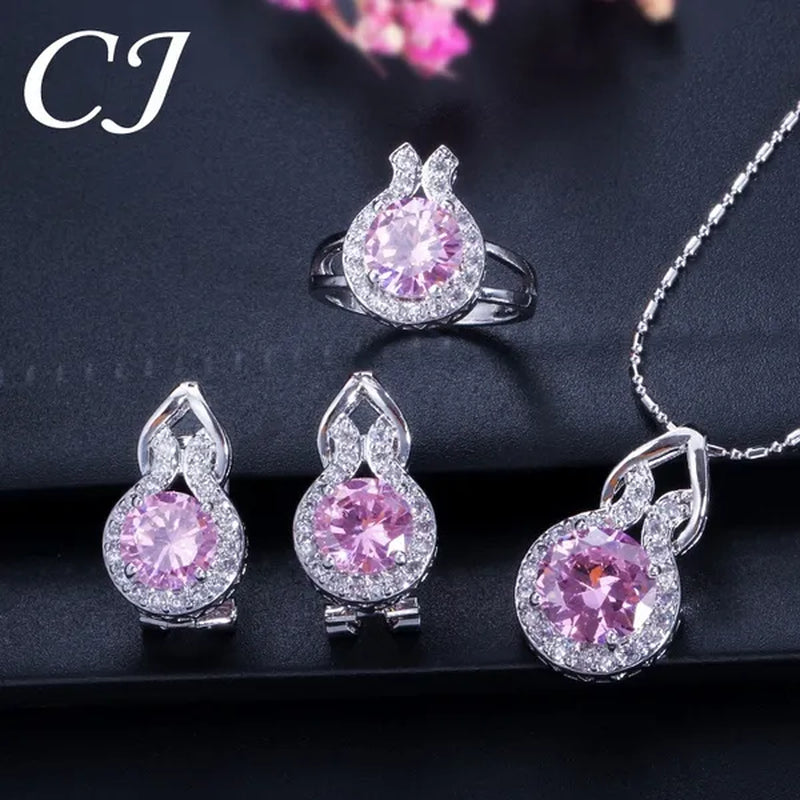 CANDICE Fashion Party Jewelry Set Sterling Silver Round Cut Blue Crystal Pendant Necklace Earrings Ring Set For Lady
