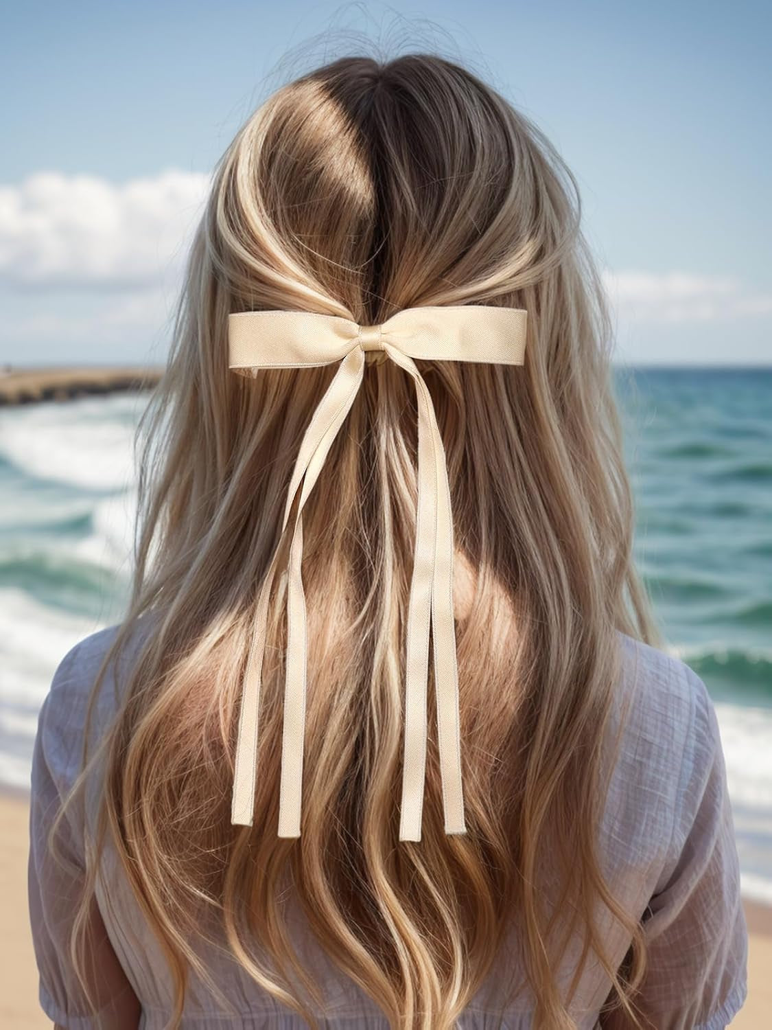 4Pcs Hair Clips for Women Tassel Ribbon Bowknot with Long Tail, Clip Girl, Solid Accessories Barrettes Claw Bow (Black&Beige)