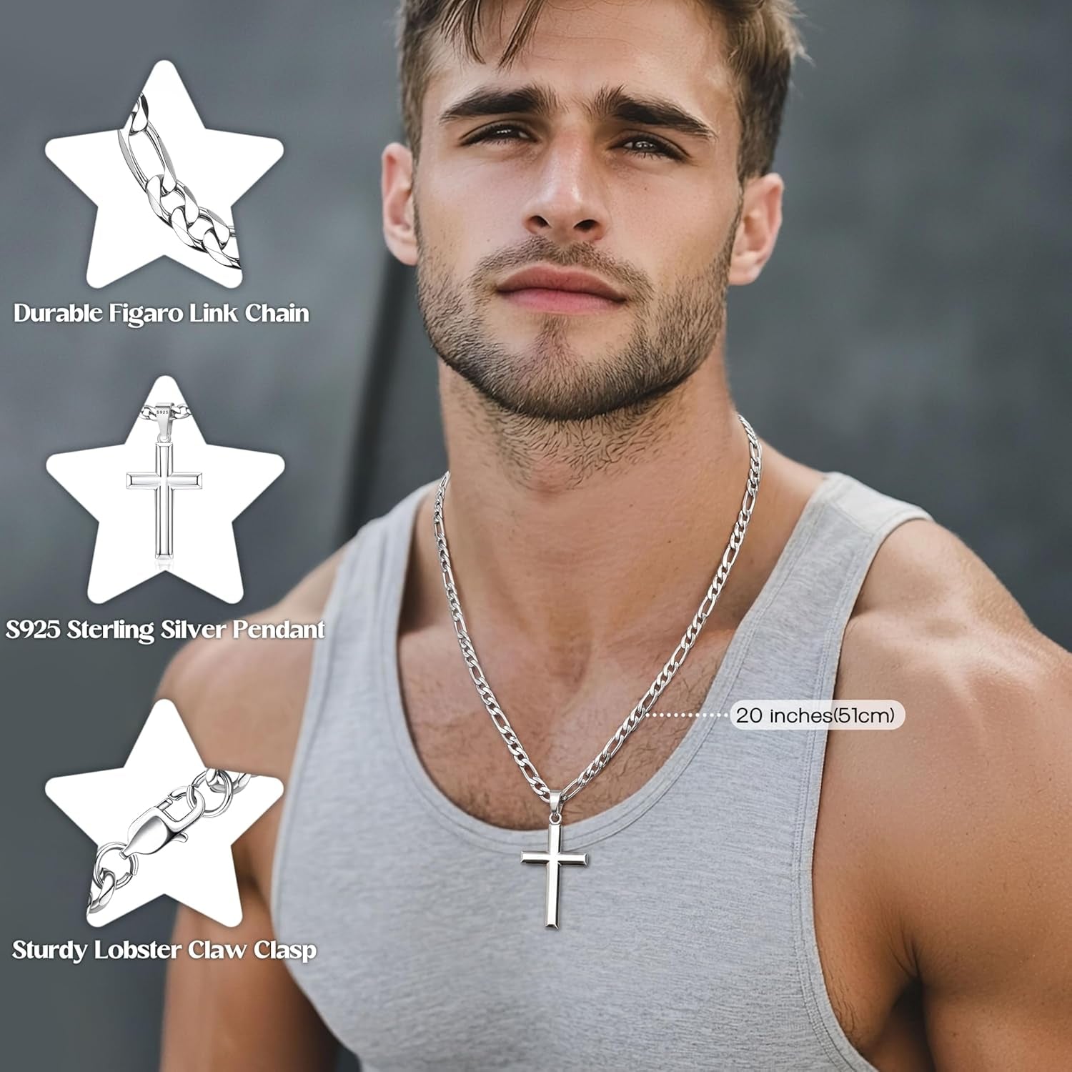 925 Sterling Silver Cross Necklace for Men Women - 5Mm Durable 316L Stainless Steel Figaro Link Chain with Beveled Edge Cross Pendant, Silver Crucifix Necklaces Jewelry, 16-30'' Christian Baptism Gift - WORLD TIME VISITS