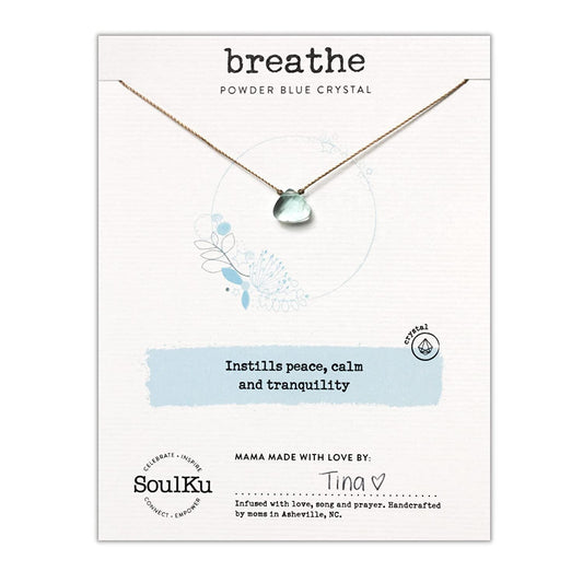 Soul Shine Handmade Necklace, Empowering Jewelry with Healing Crystal, Inspirational Jewelry for Women, Mom & Sister, 2"" Extender with Lobster Clasp, 16"" Nylon Cord (Powder Blue, Breathe)