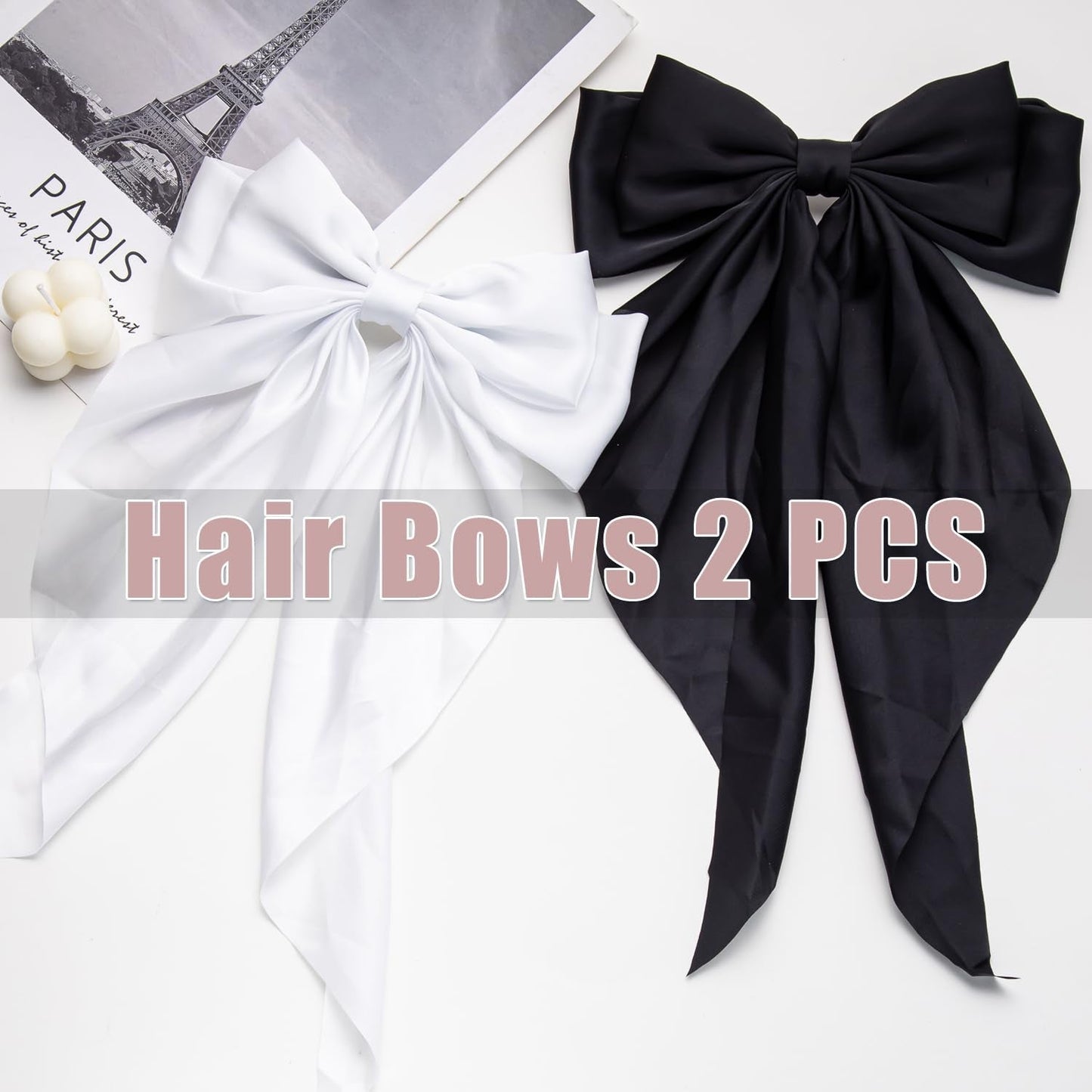 Hair Bows 2 PCS Ribbon Bow for Women and Girls, Oversized Long-Tail Cute Aesthetic, Large Hair Barrettes (Black White)