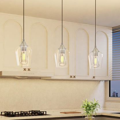 Pendant Light Kitchen Island, Brushed Nickel Pendant Light Fixture with E26 Base & Adjustable Cable, Modern Pendant Lighting with Glass Shade for Living Room Bedroom Hallway