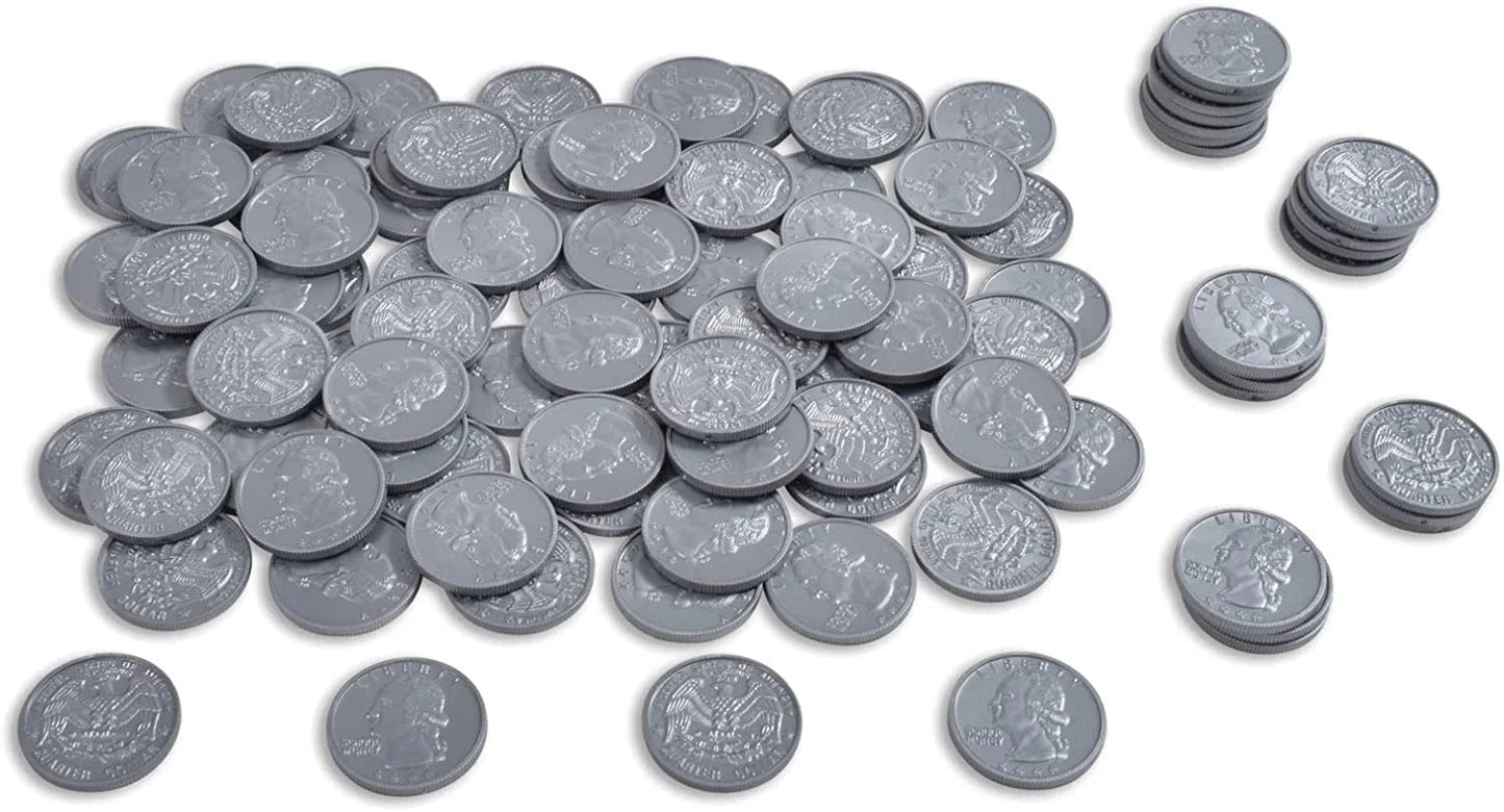 Play Quarters - Set of 100 Plastic Coins - Designed and Sized like Real US Currency - Teach Money Math with This Pretend Play Resource Master Coins - WORLD TIME VISITS
