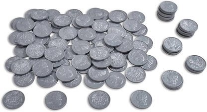 Play Quarters - Set of 100 Plastic Coins - Designed and Sized like Real US Currency - Teach Money Math with This Pretend Play Resource Master Coins - WORLD TIME VISITS