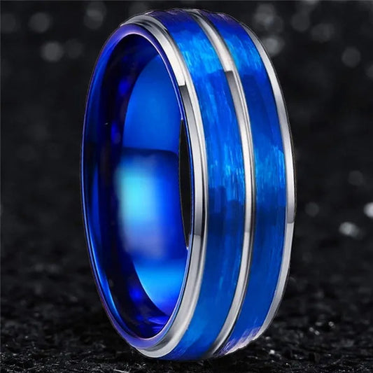 NEW 8Mm Polished Grooved Tungsten Steel Rings Blue Brushed Hammered Step Edge Jewelry for Men Wedding Band