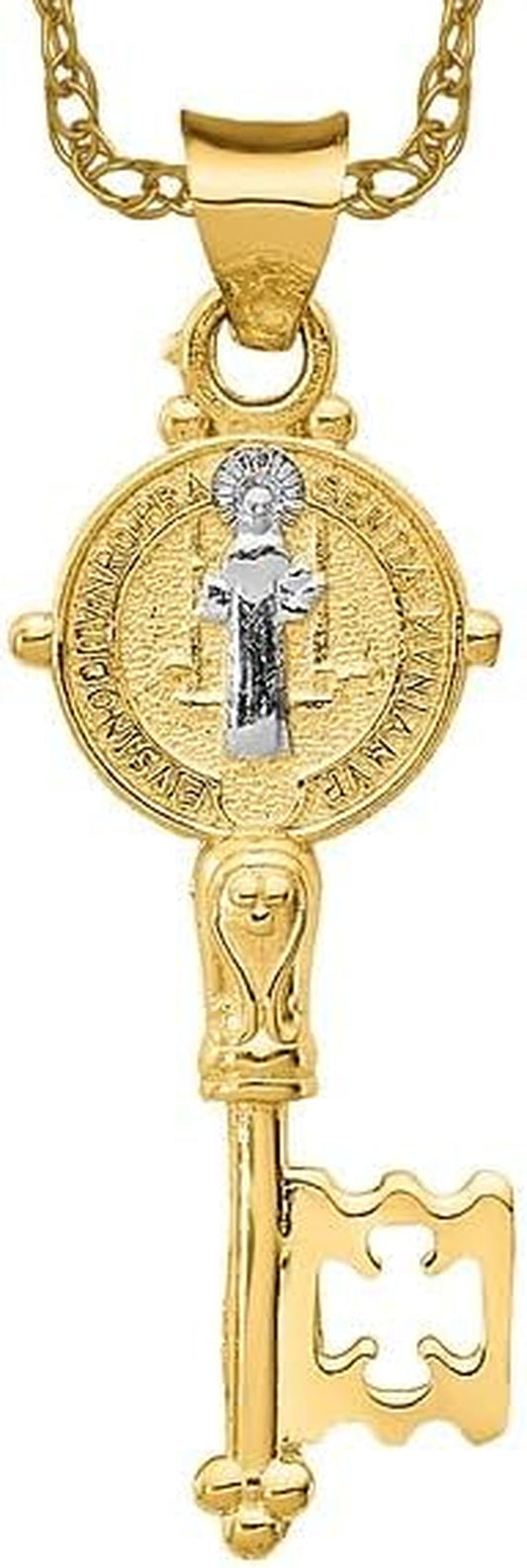 14K Solid Yellow Gold Holy Cross Key Necklace Religious Chain Pendant Jesus Christ Charm - WORLD TIME VISITS