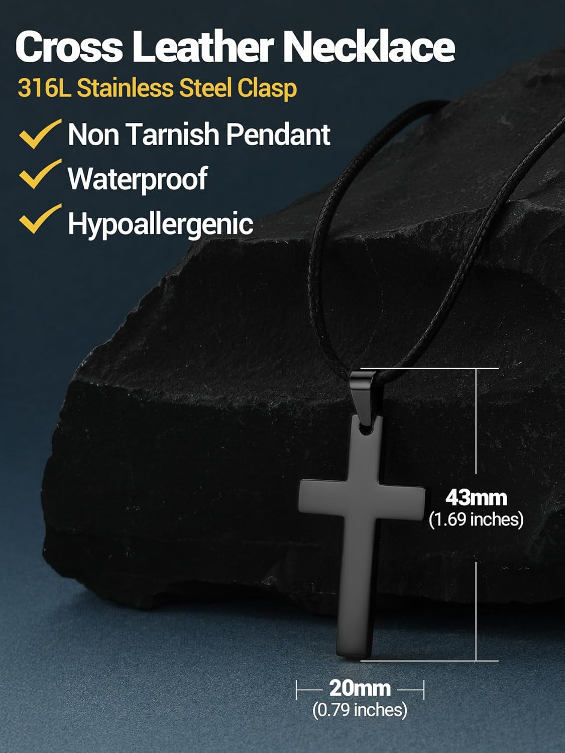 Stainless Steel Pendant Necklace for Men Women, Cool Punk Shark Teeth Necklace, Cross Necklace, Star of David Necklace, Black Leather Cord, Come Box