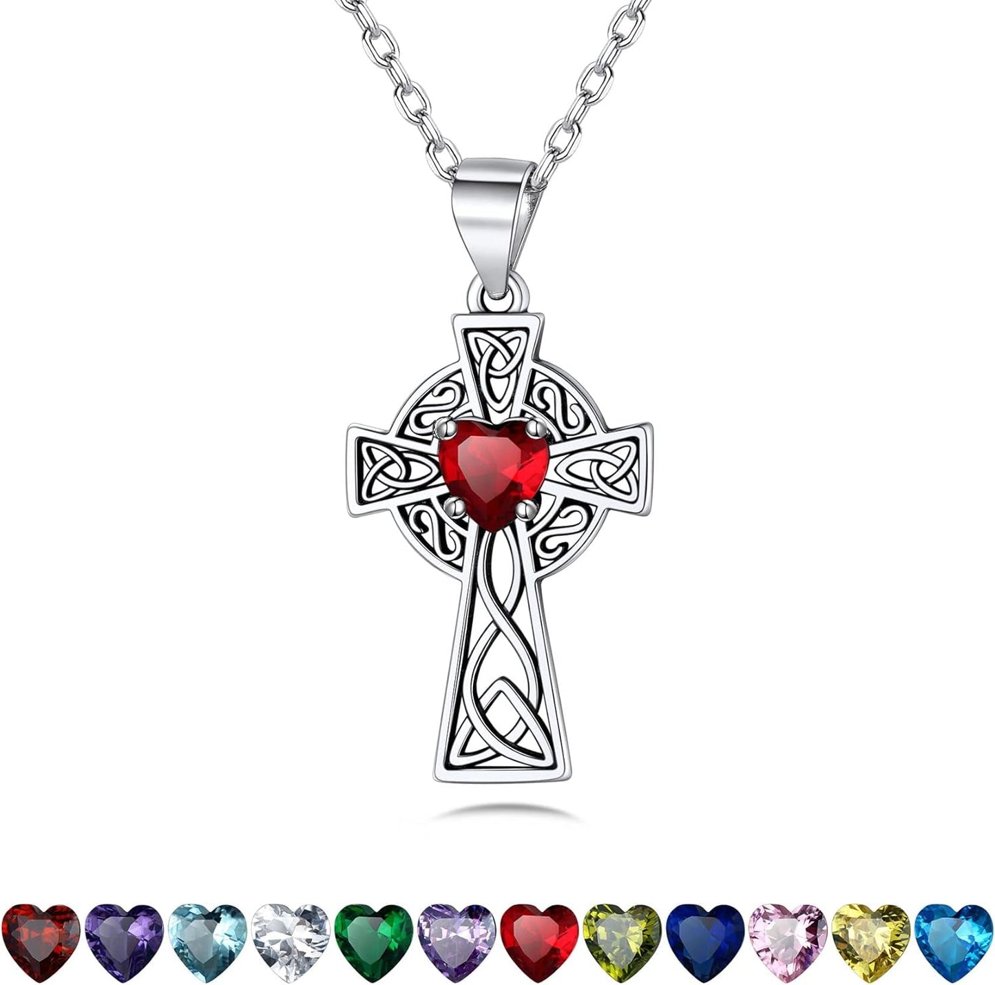 Vintage 925 Sterling Silver Celtic Cross/Triquetra Necklace with 12 Month Heart Gemstone, Dainty Heart Birthstone Necklace Faith Irish Amulet Lucky Jewelry Birthday Gift for Women Girls…