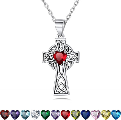 Vintage 925 Sterling Silver Celtic Cross/Triquetra Necklace with 12 Month Heart Gemstone, Dainty Heart Birthstone Necklace Faith Irish Amulet Lucky Jewelry Birthday Gift for Women Girls…
