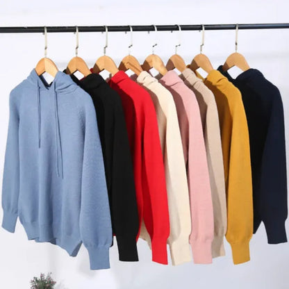 6 Colors Women Fashion Wool Pure Cashmere Casual Hooded Drawstring Pull Pullovers Plus Size S-XXL