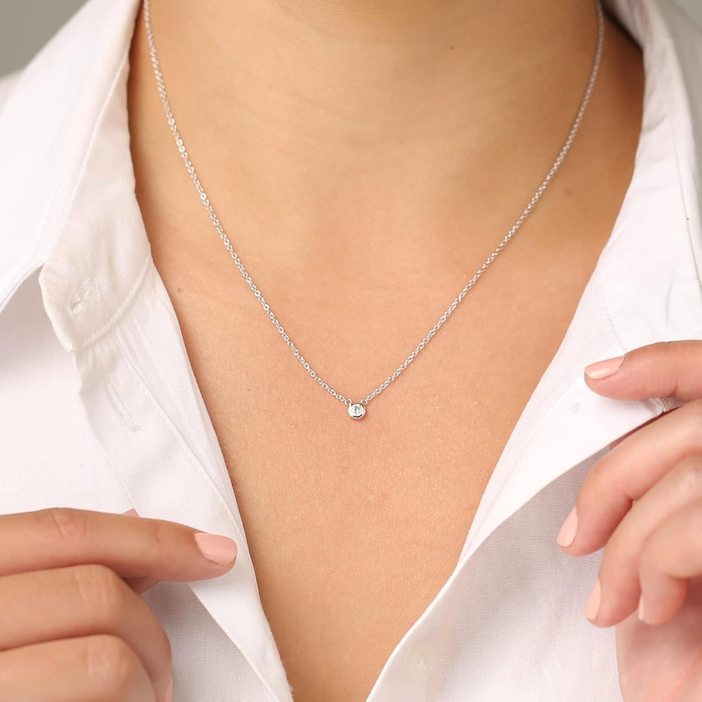 AGS Certified Natural Diamond Dainty Solitaire Bezel Necklace, White Gold 0.15 CTTW Prong Setting on 18" Extendable 14K Gold Chain (H Color, SI1-SI2 Clarity)