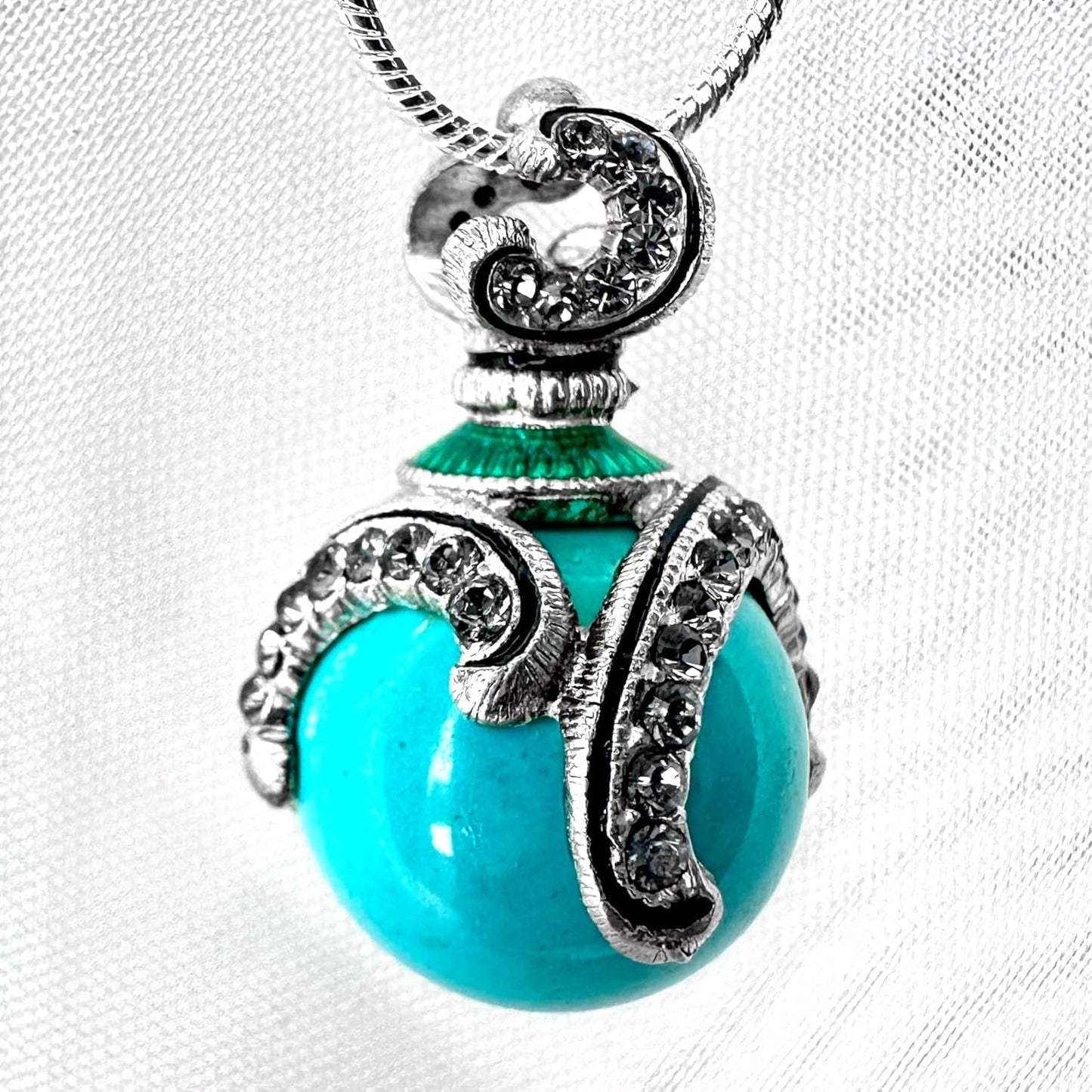 Sterling Silver Necklace Turquoise Pendant Black Diamond Crystals Enamel 24 Inch Chain - WORLD TIME VISITS