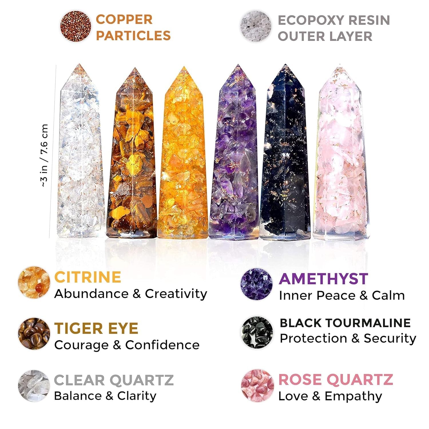 Healing Crystal Wand Set of 6 Orgonite – Includes 3” Amethyst Crystal, Tigers Eye, Rose Quartz, Black Tourmaline Stone, Citrine and Clear Quartz Orgone Crystal plus Black Tourmaline Necklace - WORLD TIME VISITS