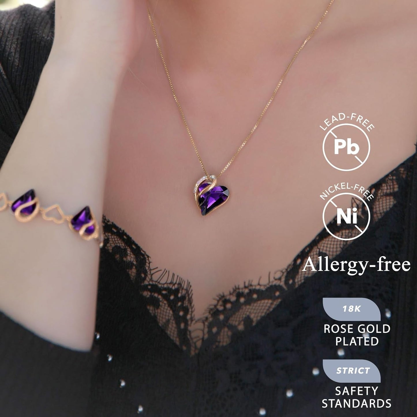Rose Gold Plated Necklace for Women: Heart Shaped Birthstone/Healing Crystals Center, Dazzling Cubic Zirconia, Hypoallergenic Chain (18"+2"), Timeless Jewelry Gifts for Anniversaries and Birthdays - WORLD TIME VISITS