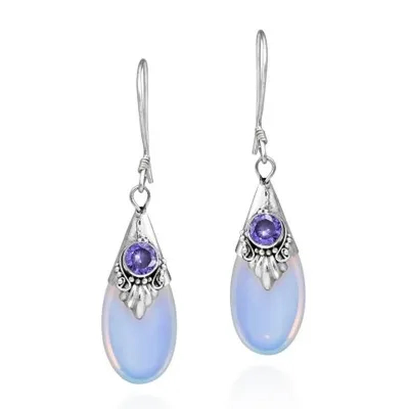 Dazzling 925 Solid Sterling Silver Natural Gemstone Amethyst Ruby & Black Sapphire Moonstone Diamond Floral Dangle Earrings Women Wedding Fine Jewelry
