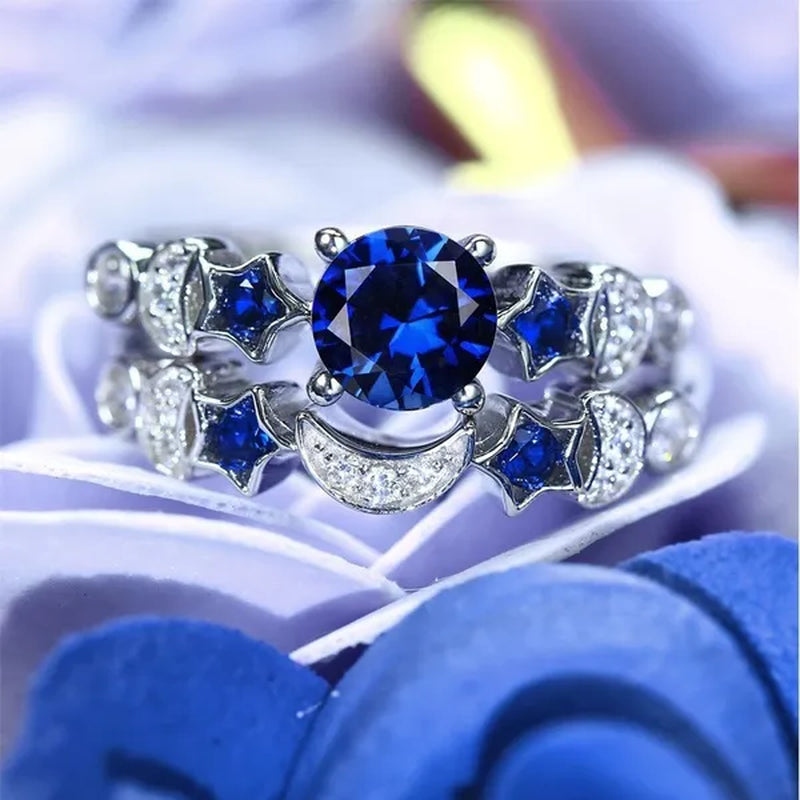 Romantic Moon and Stars Engagement Ring Set 925 Sterling Silver CZ Blue Sapphire Diamond Promise Rings Fashion Cocktail Party Jewelry Bridal Wedding Band Size 6-10