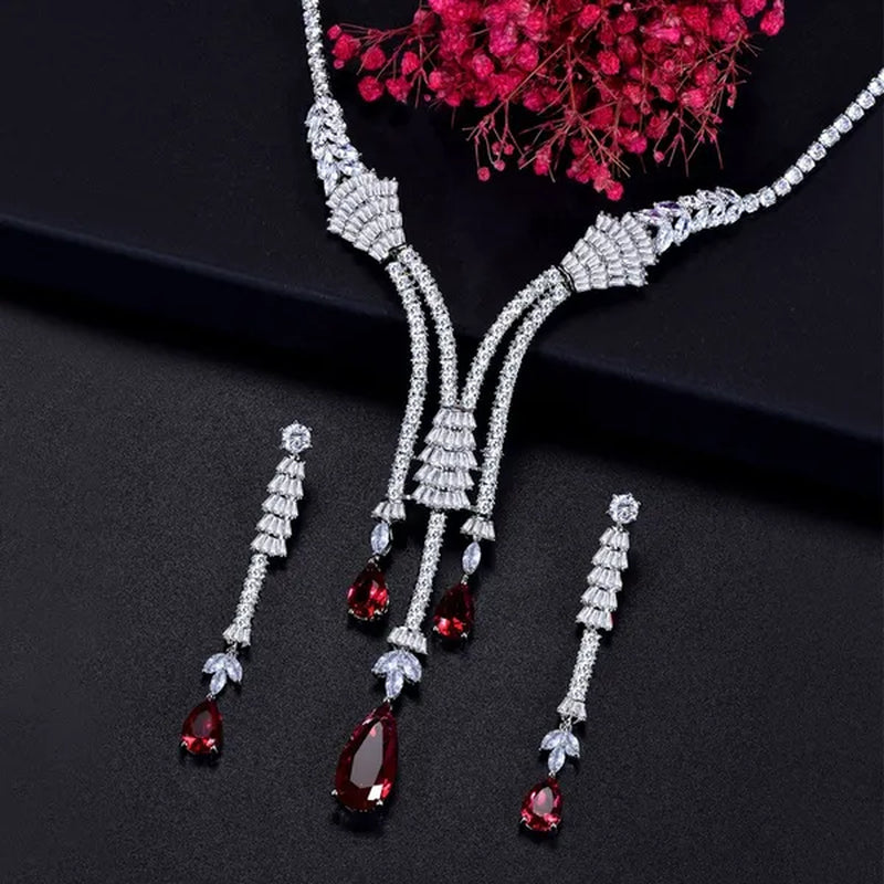 Gloriya Noble Wedding Banquet Jewelry Set Dress Accessories Full CZ with Red Water Drop Gemstones Long Tassel Dangle Earrings and Choker Necklace Sets for Ladies