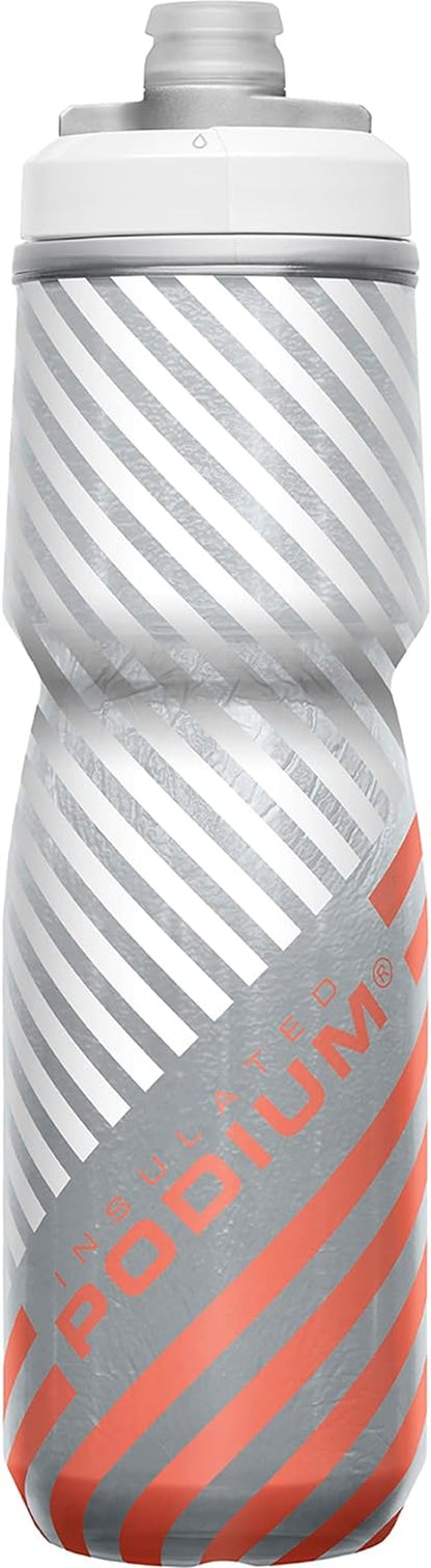 Podium Chill Insulated Bike Water Bottle - Easy Squeeze Bottle - Fits Most Bike Cages - 24Oz, Coral Stripe - WORLD TIME VISITS