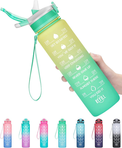 32Oz Leakproof Motivational Sports Water Bottle with Straw & Time Marker, Flip Top Durable BPA Free Non-Toxic Frosted Bottle Perfect for Office, School, Gym and Workout - WORLD TIME VISITS
