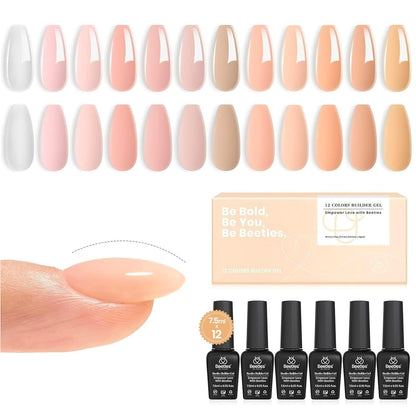 Beetles Builder Gel for Nails 12 Color Clear Nude Pink Brown Builder Gel Nail Kit 8-In-1 Gel Builder in a Bottle Nails Extension Strengthener Gel for Thin and Damaged Nails