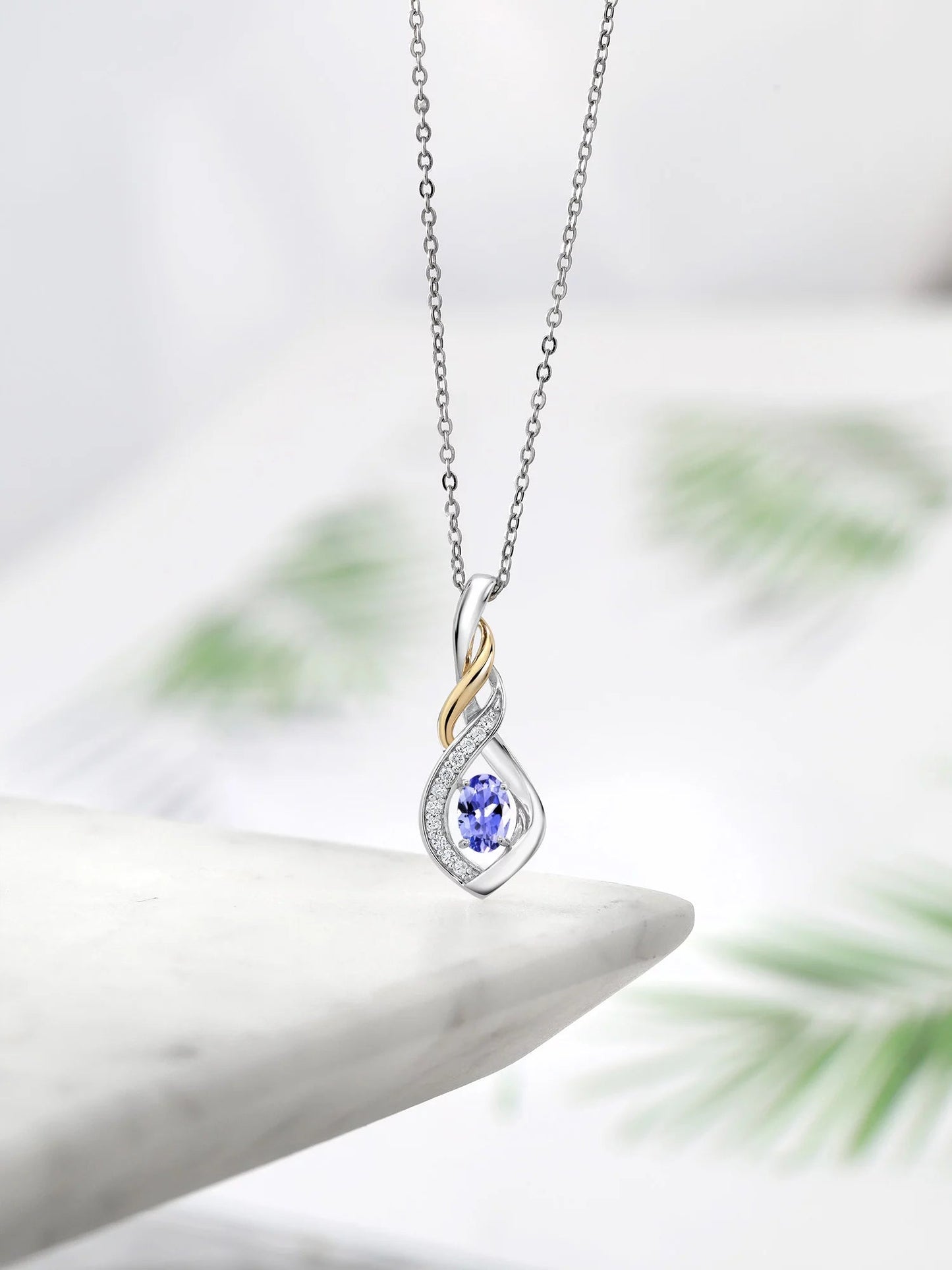 2 Tone 10K Yellow Gold and 925 Sterling Silver Blue Tanzanite and White Lab Grown Diamond Pendant Necklace for Women (0.53 Cttw, Gemstone Birthstone, with 18 Inch Silver Chain)