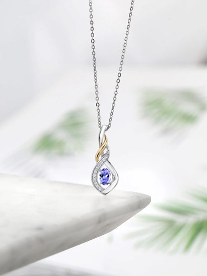 2 Tone 10K Yellow Gold and 925 Sterling Silver Blue Tanzanite and White Lab Grown Diamond Pendant Necklace for Women (0.53 Cttw, Gemstone Birthstone, with 18 Inch Silver Chain)