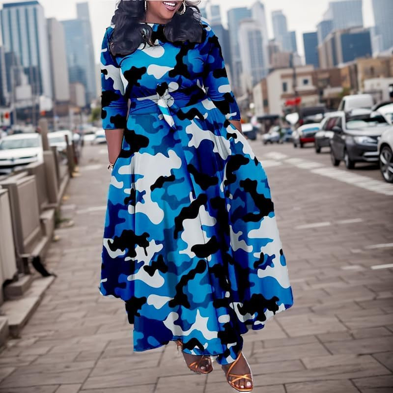 Women'S Long Sleeve V Neck Long Maxi Dress Loose African Floral Print a Line Skirt Dresses plus Size with Belt