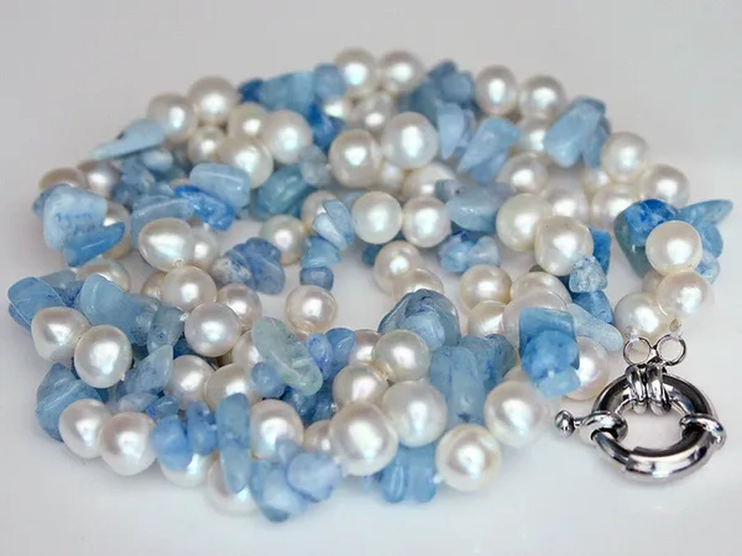 Handmade beautiful 2strands blue green stone peridot 7-8mm white freshwater cultured pearl necklace long 43-45cm