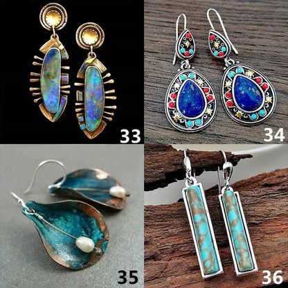 1 pair Antique 925 Sterling Silver Pendant Earrings Natural Gemstone Inlay Dangle Earrings Bridal Engagement Wedding Anniversary Gift  Bohemian Style Earrings