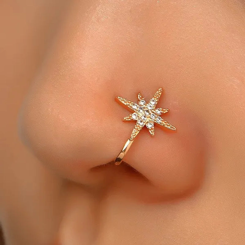 1 PC Crystal Diamond Zircon Star Heart Moon Fake Piercing Nose Ring Copper Spiral Non Piercing Clip on Nose Ring Ear Clips Cuff Fashion Body Jewelry