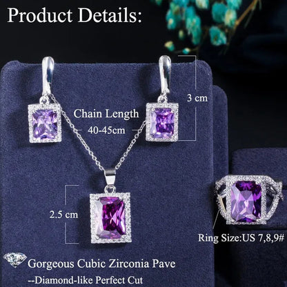 Gloriya Elegant Purple CZ Square Pendant Chain Necklace Earrings and Ring Set Women Fashion Silver Plated Jewellery Sets for Best Gifts