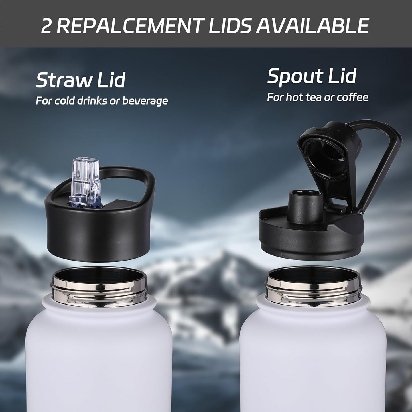 32 Oz Insulated Water Bottle Stainless Steel Double Walled Vacuum Sports Water Bottle with 2 Lids (Straw and Spout Lid) for Gym Camping Hiking(White,1)