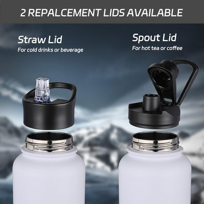 32 Oz Insulated Water Bottle Stainless Steel Double Walled Vacuum Sports Water Bottle with 2 Lids (Straw and Spout Lid) for Gym Camping Hiking(White,1)