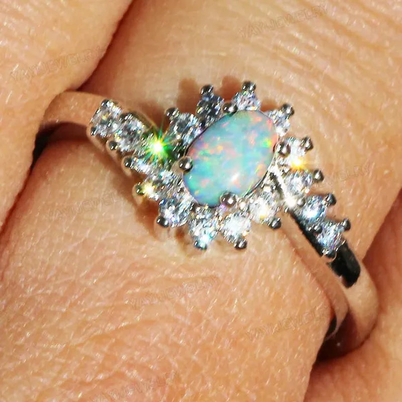 Exquisite Women'S Silver Ring Oval Cut Fire Opal Diamond Jewelry Birthday Proposal Gift Bridal Engagement Party Band Rings Size 5-12