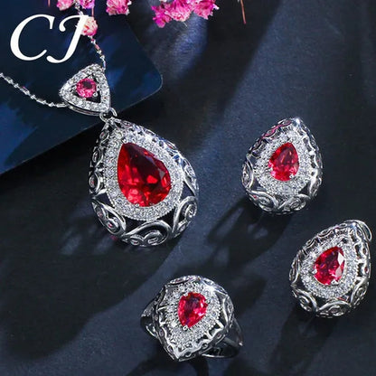 CANDICE Elegant Stamp Sterling Silver Plated Women Jewelry Set Pear Drop Red Cubic Zirconia Necklace Earring Ring 3Pcs Sets - WORLD TIME VISITS