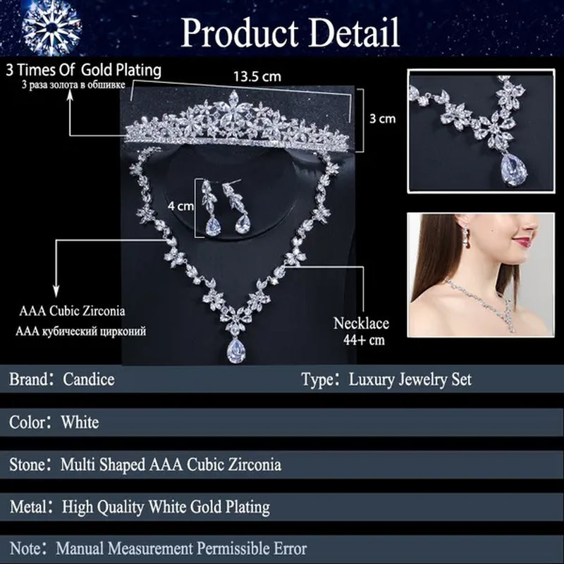 CANDICE Luxurious Classy White Gold Plating Bridal Crown Tiara Necklace Earrings Sets Pave Water Drop Cubic Zirconia Wedding Jewelry Set for Brides - WORLD TIME VISITS