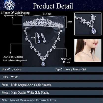CANDICE Luxurious Classy White Gold Plating Bridal Crown Tiara Necklace Earrings Sets Pave Water Drop Cubic Zirconia Wedding Jewelry Set for Brides - WORLD TIME VISITS