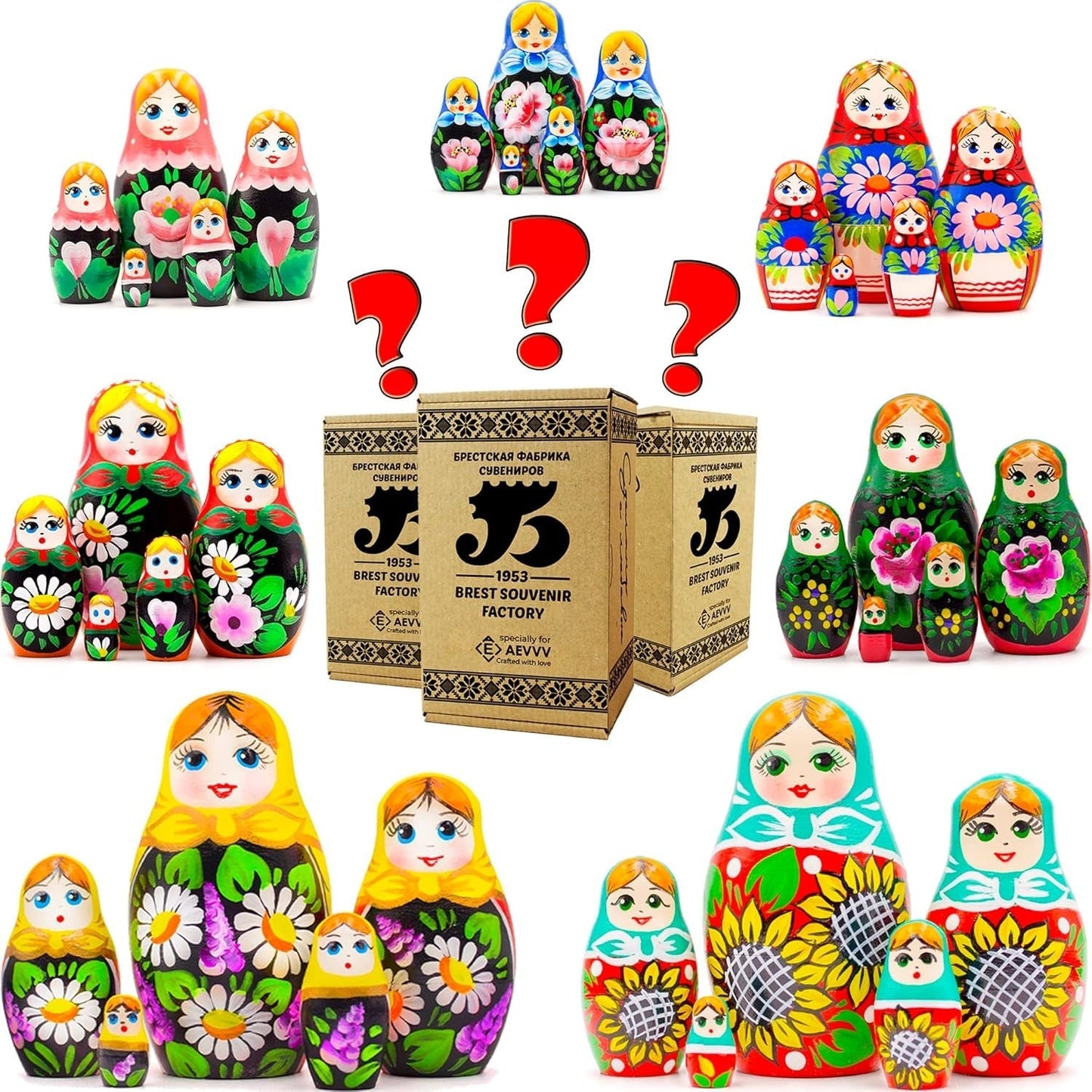 Wooden Russian Matryoshka Lot of 3 Random Sets by 5 Figures - WORLD TIME VISITS